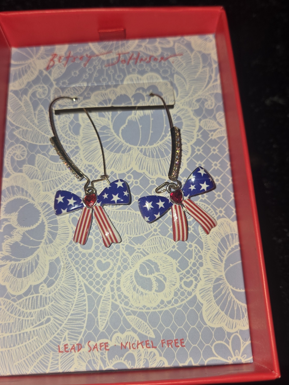 Betsey Johnson Red White and Blue Star Bow Dangle Earrings